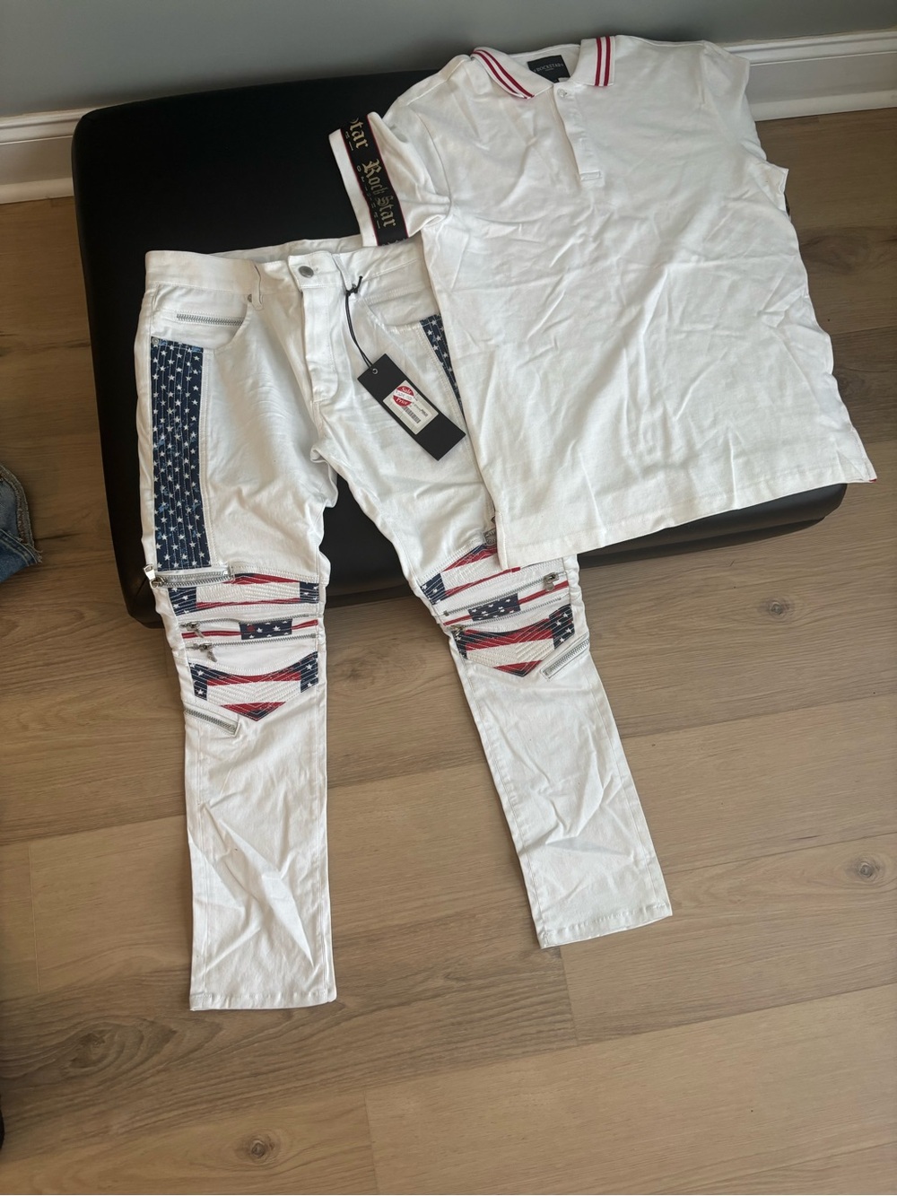 Slim White Skinny Jeans with Flag Patch Accents - Men